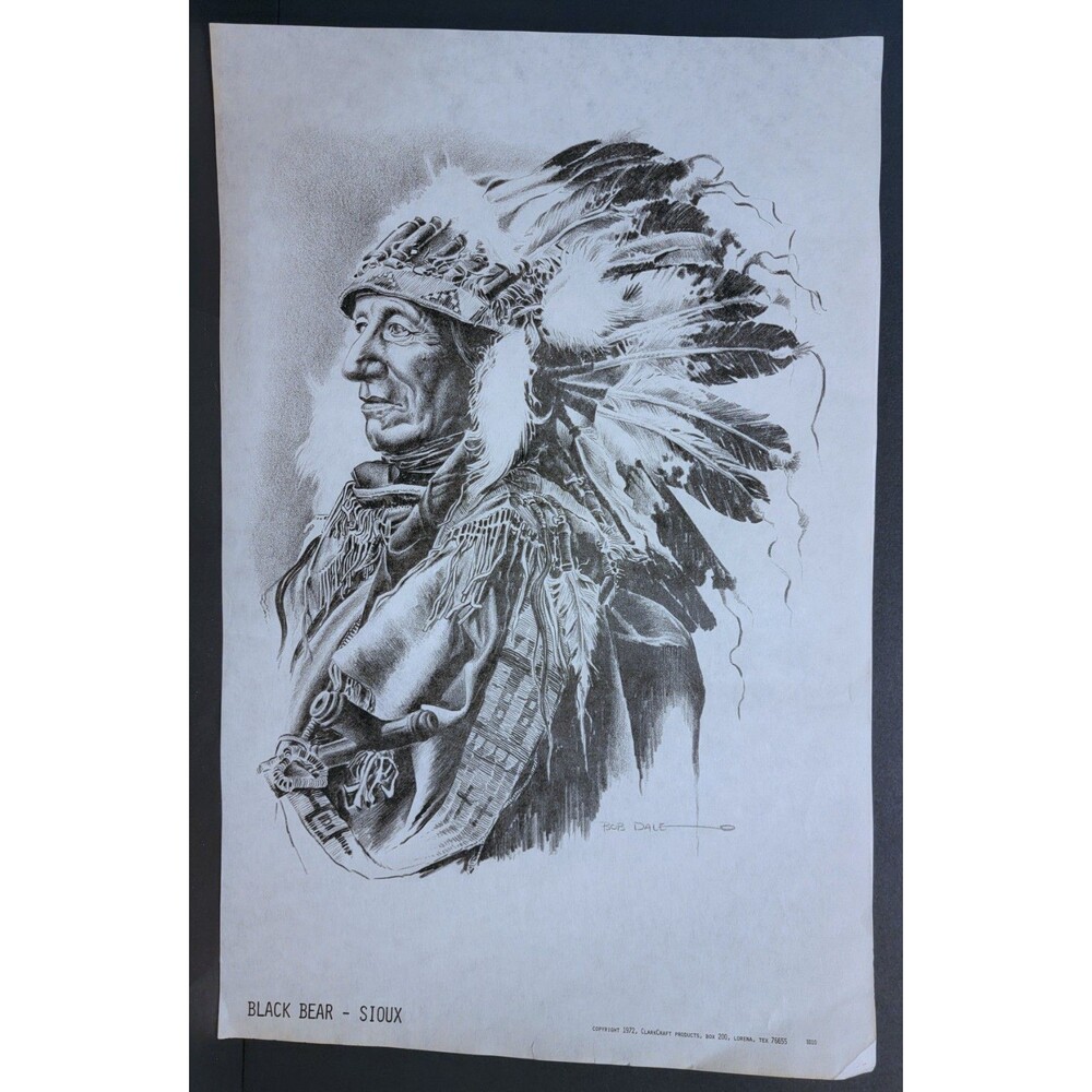 Vtg 1972 Bob Dale Drawing Print Black Bear Sioux Native American Signed 11 x 17